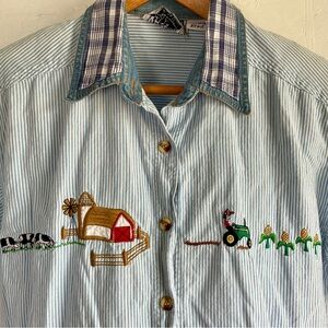 Vintage Stripe Cotton Blue White M WAYTOGO Embroidered Farm Cows Barn